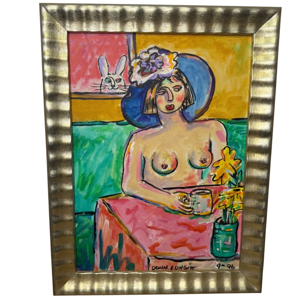 Donn Longie Signed Original Painting 1996 Nude Woman Rabbit Sunflowers Acrylic